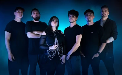 Six people dressed in black against a glowing blue background.
