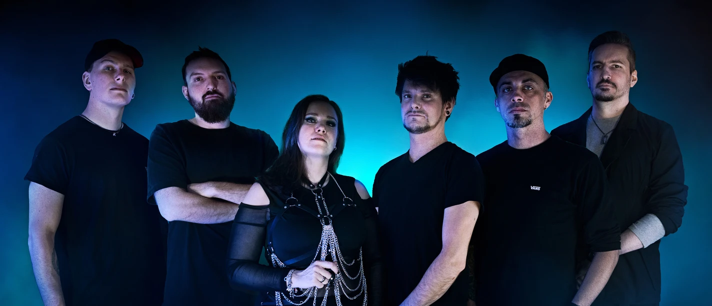 Six people dressed in black against a glowing blue background.