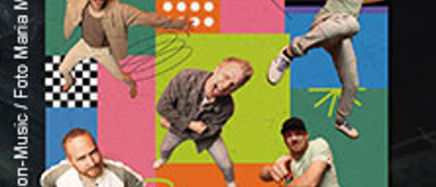 Tourplakat der Fäaschtbänkler mit fünf Musikern vor buntem grafischem Hintergrund