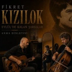 Konzertplakat zu Fikret Kizilok mit zwei Musikern an Gitarre und Cello in warmem Licht