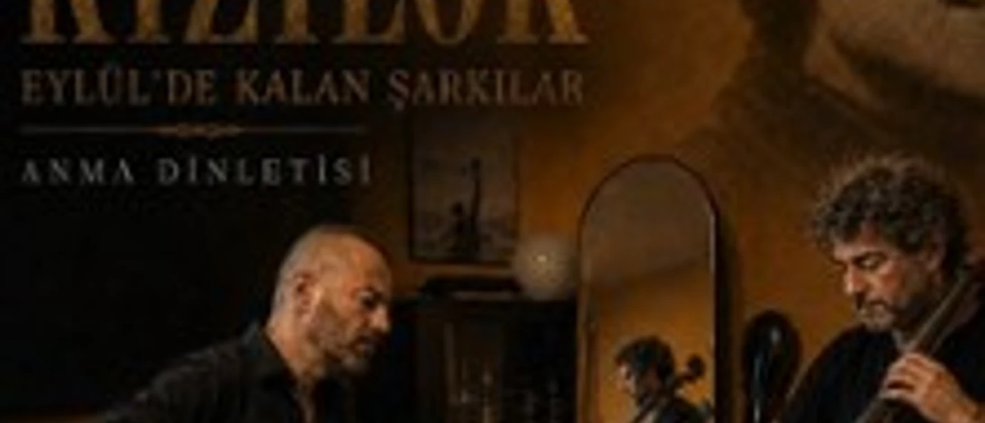 Konzertplakat zu Fikret Kizilok mit zwei Musikern an Gitarre und Cello in warmem Licht