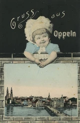 Filmischer Gesprächskreis: Gruß aus Oppeln Alte Postkarte, die ein kleines Mädchen mit Hut und darunter eine Stadt-Silhouette zeigt. Der Schriftzug "Gruss aus Oppeln" ist darüber zu sehen.