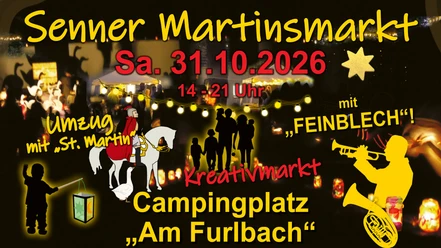 Senner Martinsmarkt am 31.10.2026 auf dem Campingplatz Am Furlbach mit Umzug, Markt und Musik.