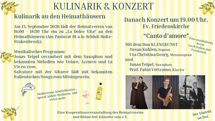 Flyer für Kulinarik an den Heimathäusern und Konzert Canto d'amore in Schloß Holte-Stukenbrock