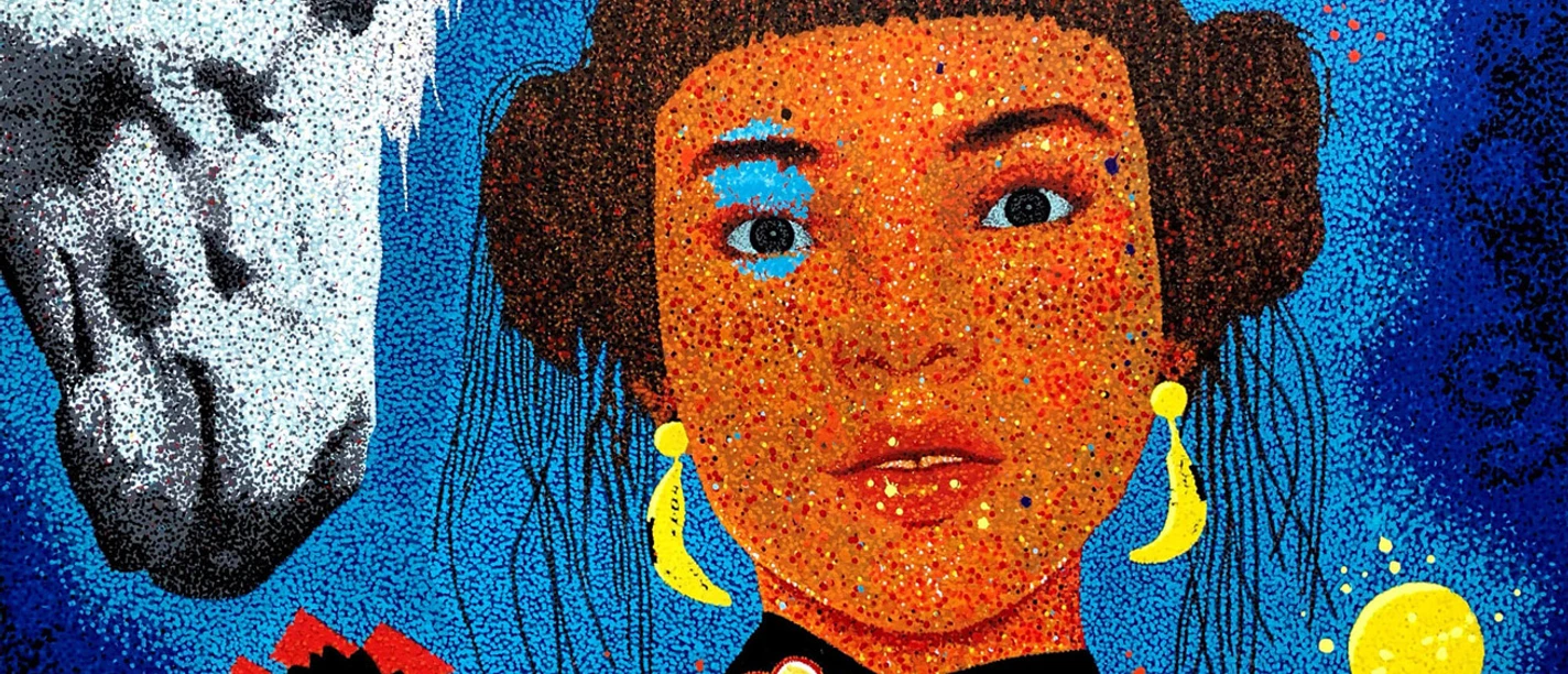Pointillistisches Porträt mit Mädchen, Pferdekopf, Dinosaurier und Blau als Hintergrund.