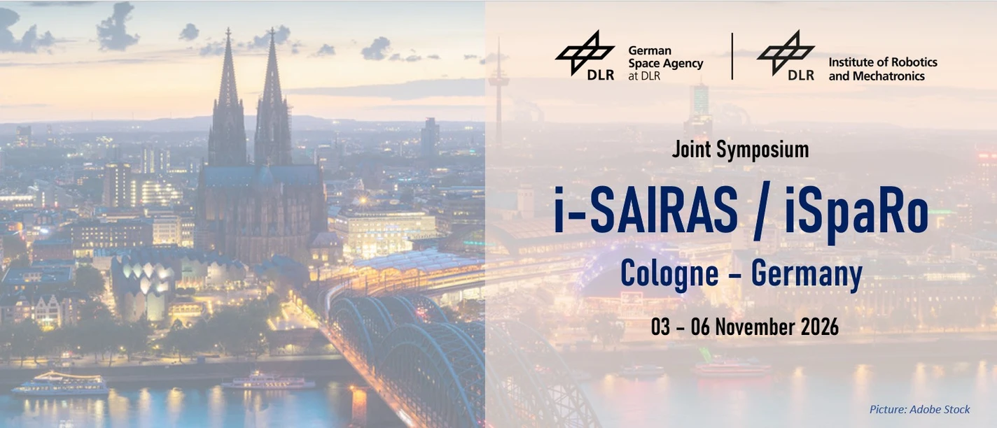Kölner Skyline mit Dom und Hohenzollernbrücke, Banner zum i-SAIRAS/iSpaRo Symposium 2026 vom 03-06. November im Confex Köln
