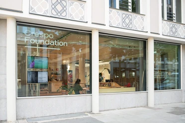 Crespo Foundation in Frankfurt: glass façade with exhibition posters
