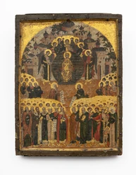 Historical icon featuring golden halos, angels, and a cityscape