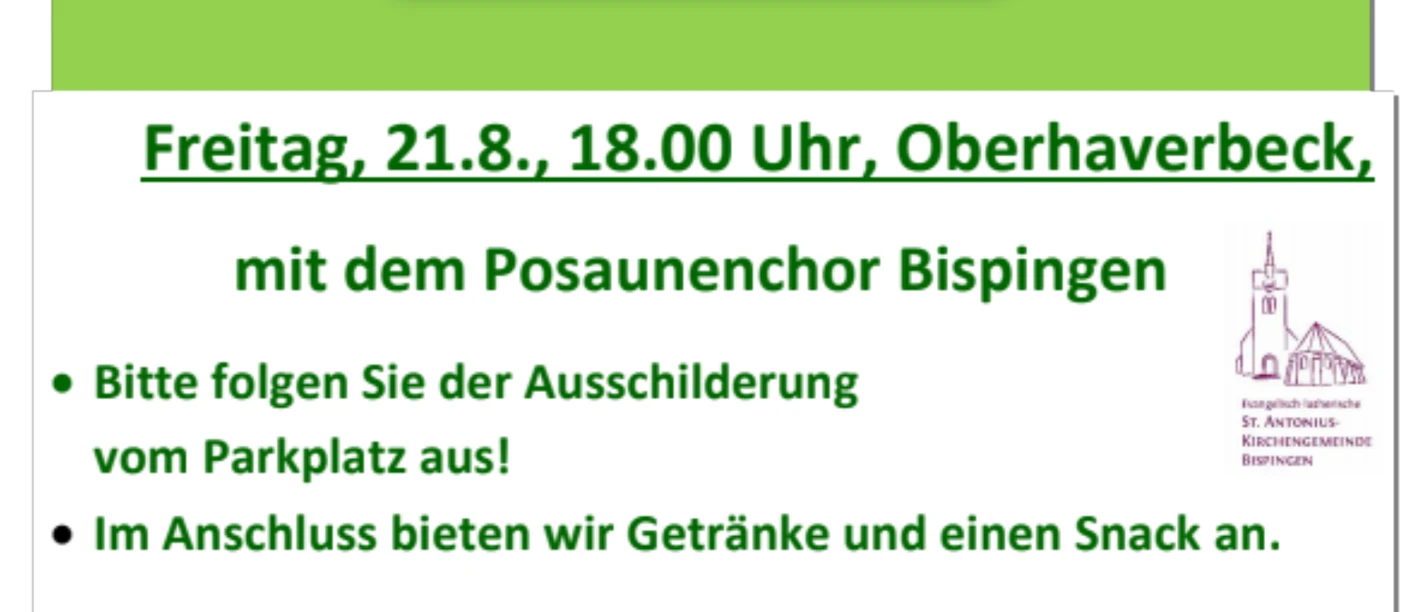 Plakat: Heidegottesdienst am 21.8., 18 Uhr, Oberhaverbeck, mit Posaunenchor Bispingen.