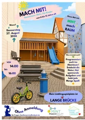 Plakat für die MINT-Kinderaktion „Mach mit!“ auf dem Spielplatz Lange Brücke.