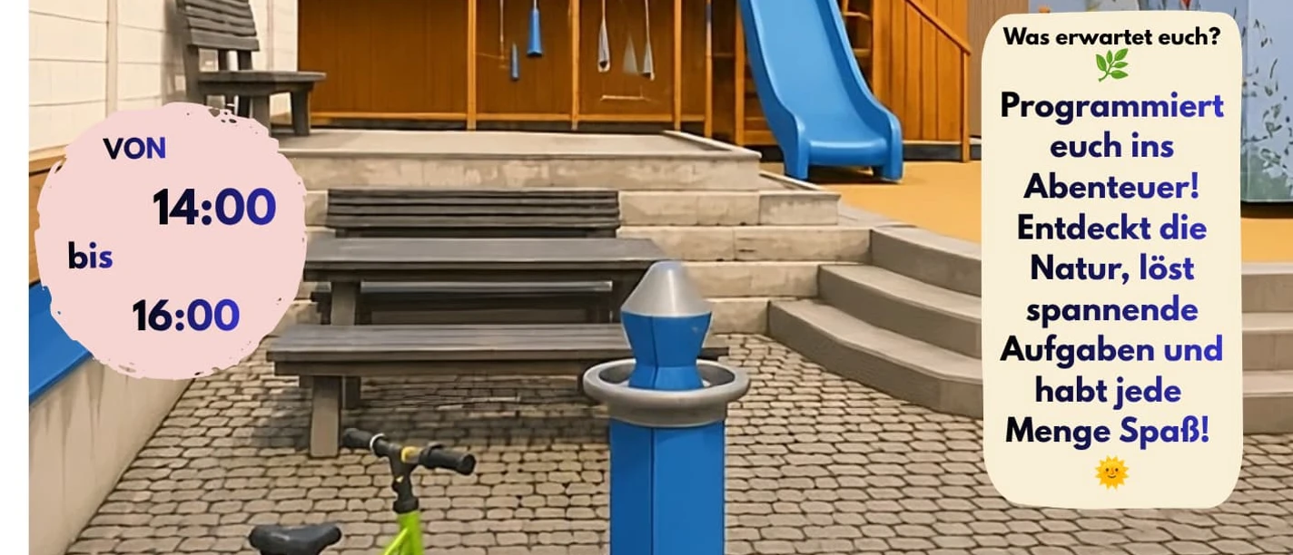 Plakat für die MINT-Kinderaktion „Mach mit!“ auf dem Spielplatz Lange Brücke.