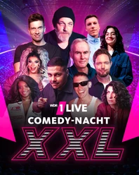 Event poster for the 1LIVE Comedy Night XXL, featuring many comedy stars and a pink arena backdrop