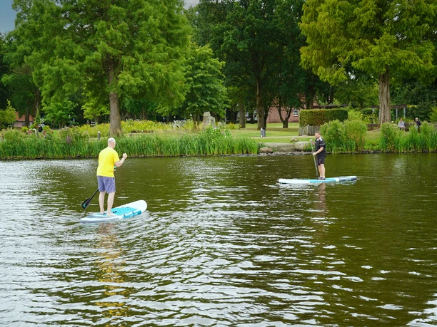 Zwei Stand-up-Paddler auf dem Zwischenahner Meer vor grünem Ufer.