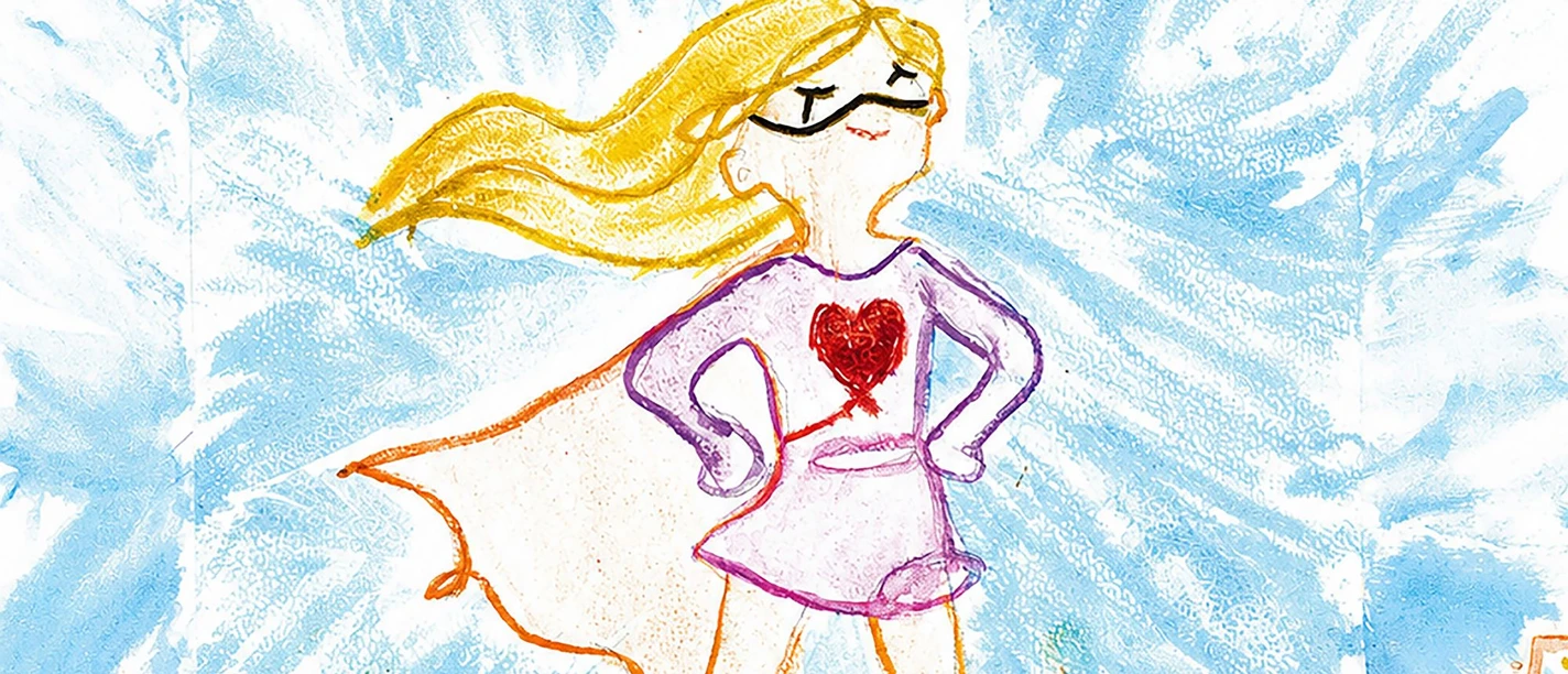 Zeichnung mit einem Kind mit Superheldinnen-Kostüm