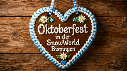 Lebkuchenherz mit Schriftzug „Oktoberfest in der SnowWorld Bispingen“ auf Holz.