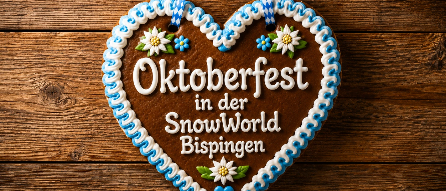 Lebkuchenherz mit Schriftzug „Oktoberfest in der SnowWorld Bispingen“ auf Holz.