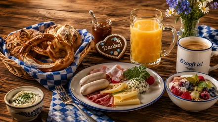 Oktoberfest-Brunch mit Brezeln, Weißwürsten, Käse, Kaffee, Saft und blau-weißer Deko.