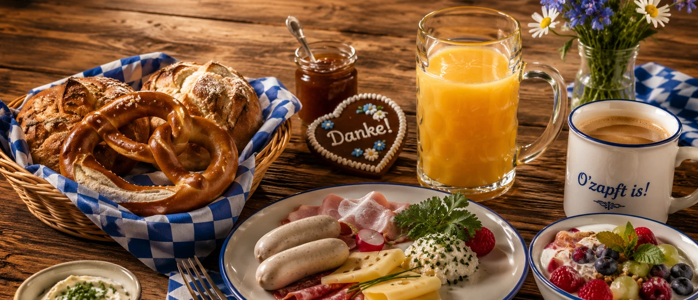 Oktoberfest-Brunch mit Brezeln, Weißwürsten, Käse, Kaffee, Saft und blau-weißer Deko.