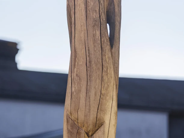 Hohe Holzskulptur mit Rissen und Öffnung vor unscharfem Gebäude und Sträuchern