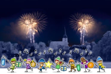 Flyer zum Fackelzug 2026 in Levern mit Feuerwerk, Musik und Kindern mit Laternen.