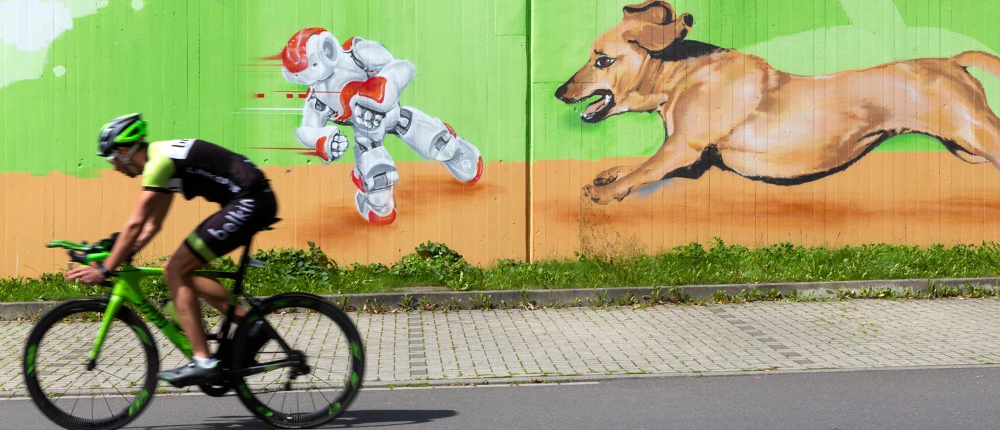 Radfahrer vor grüner Wand mit Graffiti: Roboter und Hund im schnellen Lauf