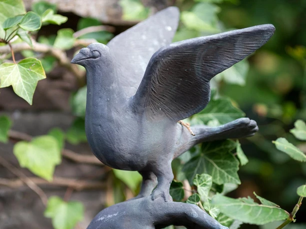 Detail der Franziskus-Skulptur: ein dunkler Vogel auf einer Hand, umgeben von Efeu