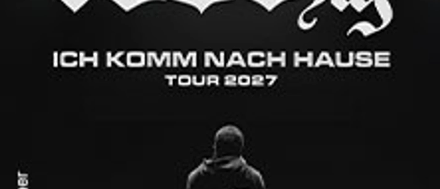 Schwarzweißes 1986zig-Tourplakat mit Künstler vor Publikum und Schriftzug „Ich komm nach Hause“