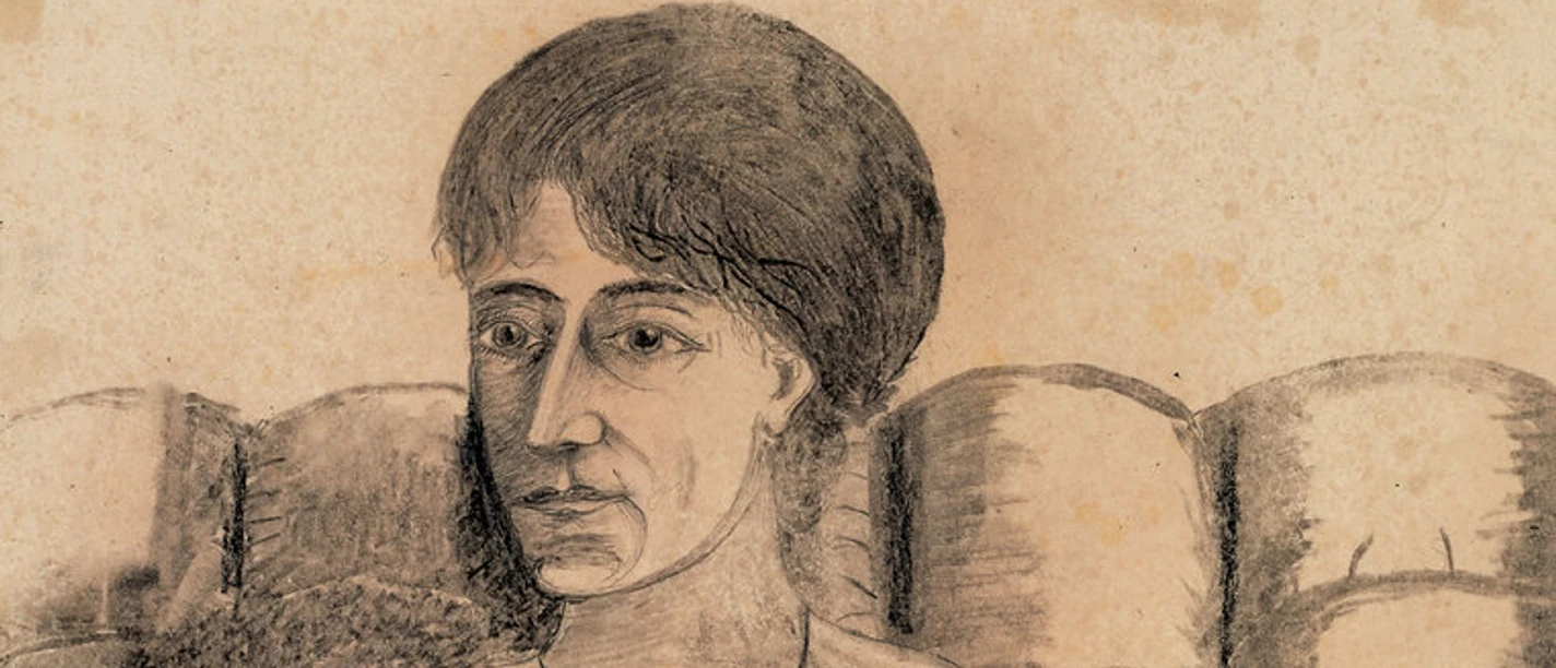A charcoal drawing of a woman sitting on a leather sofa, her hands folded in her lap