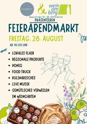 Plakat zum Feierabendmarkt am 28. August mit Wein-, Brot- und Pralinenmotiven