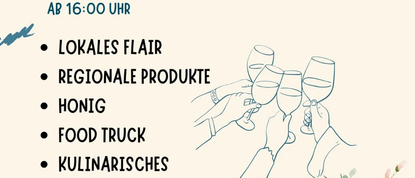 Plakat zum Feierabendmarkt am 28. August mit Wein-, Brot- und Pralinenmotiven