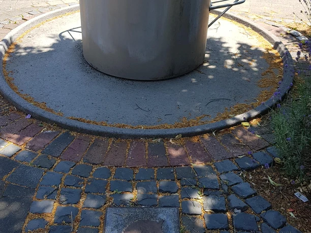 Metallzylinder der Skulptur Blattwerk auf gepflastertem Platz mit Blattplatte