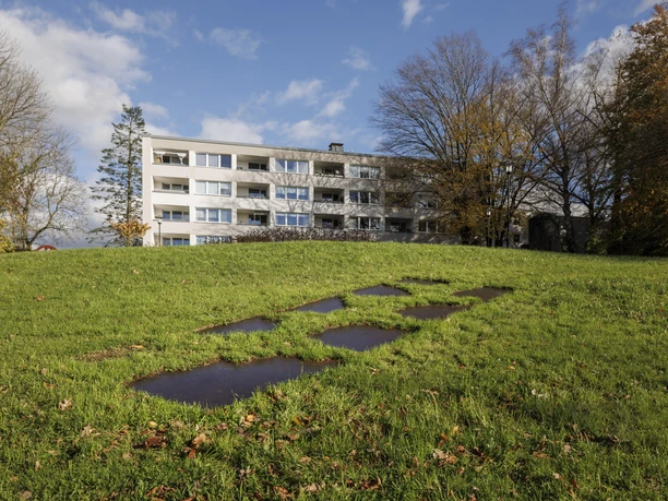 Kunstwerk „Blattwerk“ im Gras vor Wohnhaus und Bäumen in Burscheid