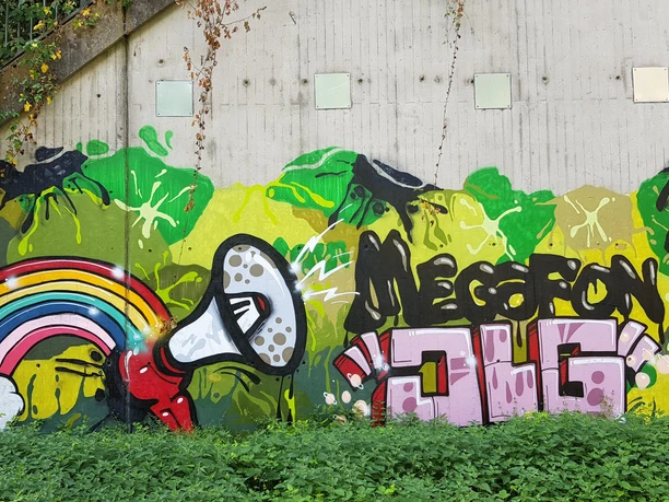 Buntes Graffiti an Betonwand mit Regenbogen, Megafon, Insekten und Porträt