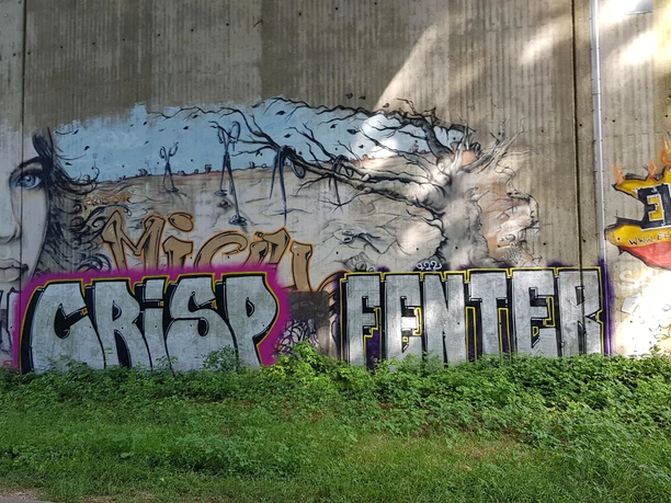Graffiti an Betonwand mit Frauenporträt, Baumlandschaft und Schriftzügen in Burscheid