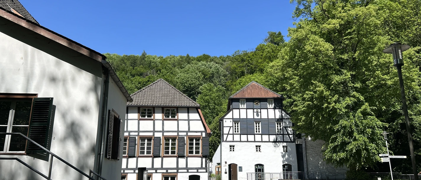 Fachwerkgebäude der Papiermühle Alte Dombach unter blauem Himmel und grünen Bäumen