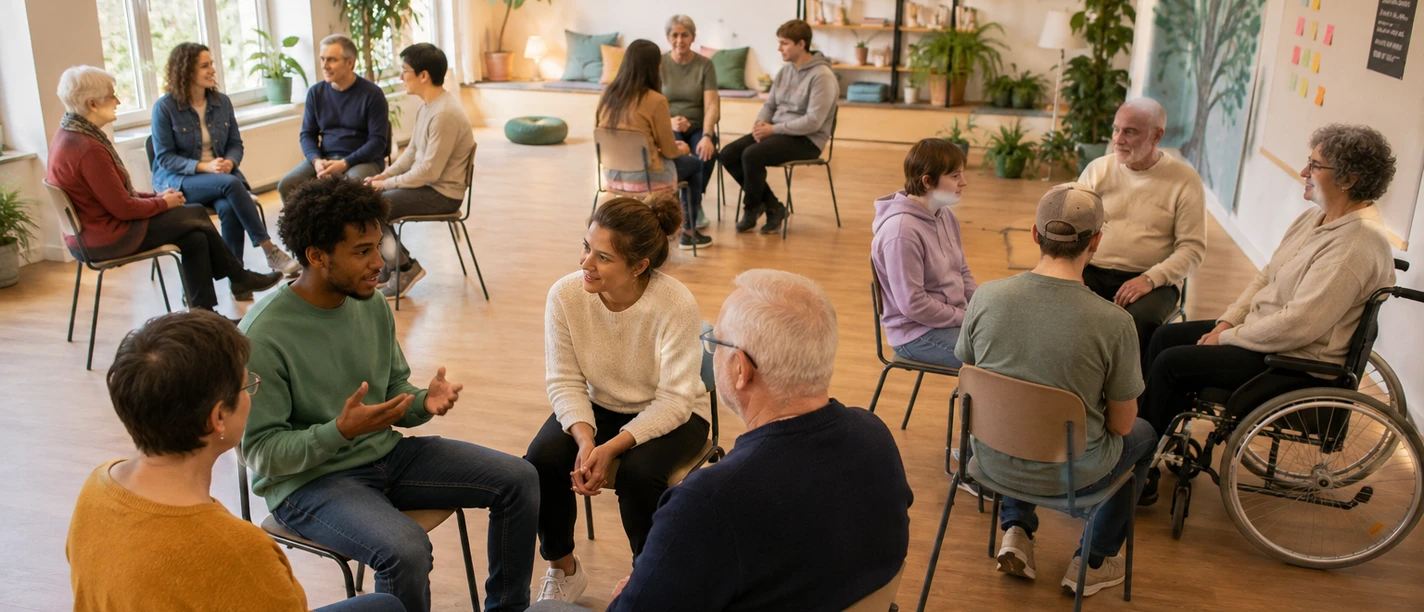 Menschen sitzen in einem Raum und sprechen