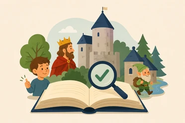 Bildhafte Darstellung eines aufgeklappten Buches im Vordergrund und eines kleinen Jungen, eines Königs und eines Zwerges im Mittelgrund. Im Hintergrund ist eine Burg im Wald zu sehen.
