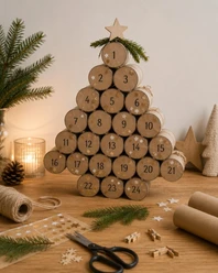 Ein weihnachtlicher Tisch mit Bastelutensilien und einem Weihnachtskalender