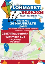 Flyer zum Straßenflohmarkt Wittmoor-Süd am 06.09.2026 mit Karte und buntem Drachen.