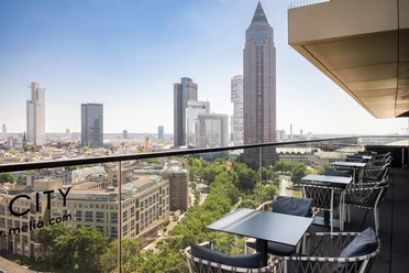 Rooftop terrace of the Skybar "oben", with sweeping views of Frankfurt's skyline
