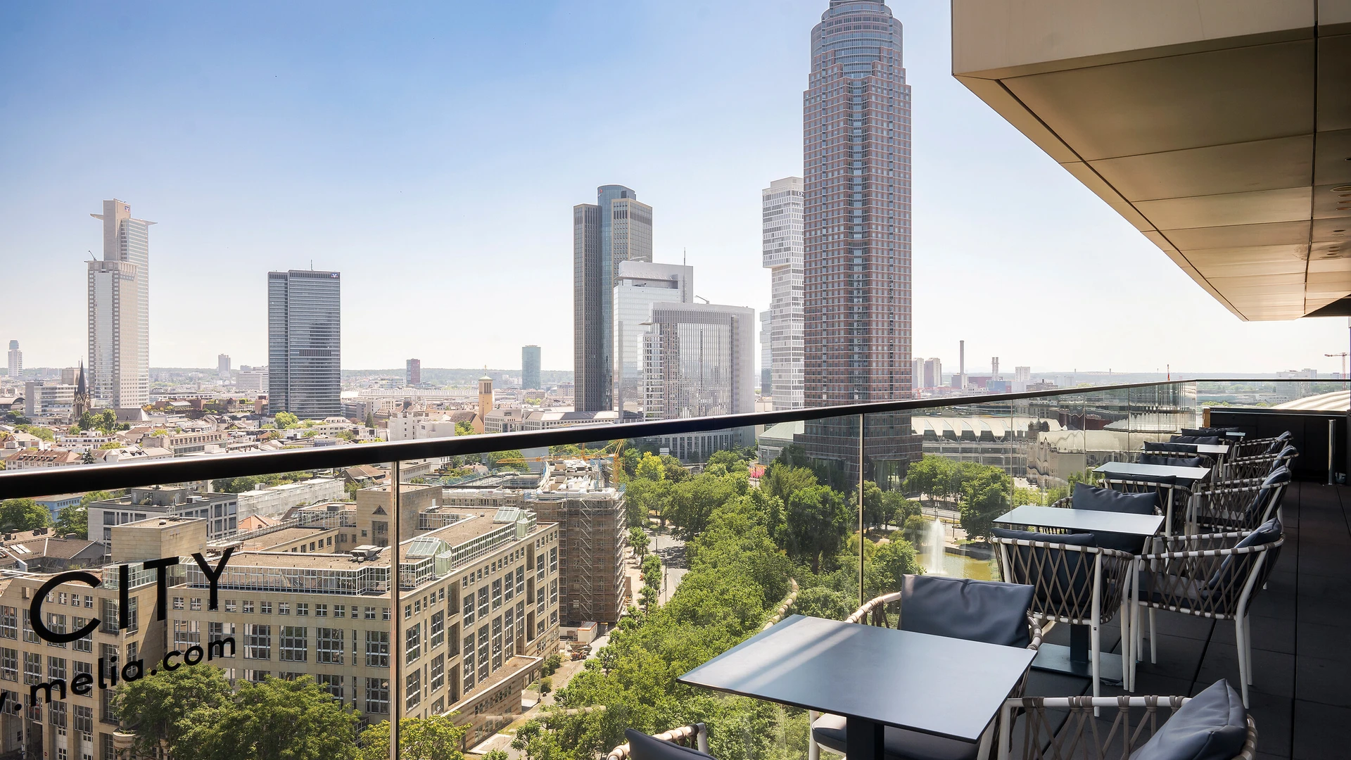Rooftop terrace of the Skybar "oben", with sweeping views of Frankfurt's skyline