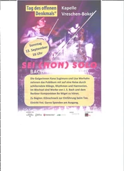 Konzertplakat „SEI (NON) SOLO – Bach trifft Quanten“ mit zwei Geigerinnen.