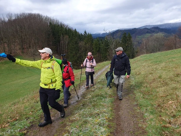 Wanderer laufend mit Wald im Hintergrund