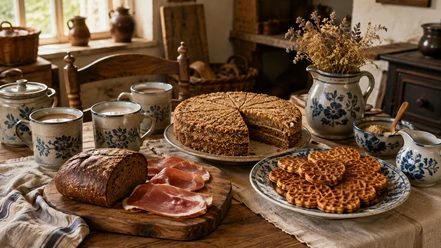Gedeckter Tisch mit Torte, Brot, Schinken, Waffeln und traditionellem Geschirr
