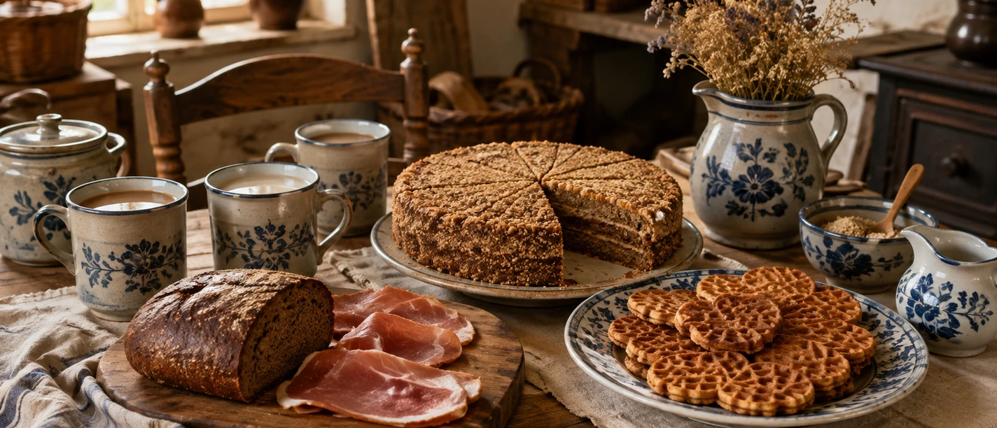 Gedeckter Tisch mit Torte, Brot, Schinken, Waffeln und traditionellem Geschirr