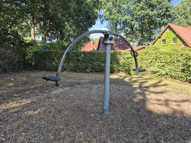 Zwei Drehsitze auf einem Spielplatz mit Hecke, Bäumen und Wohnhäusern im Hintergrund.