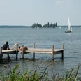 Steinhude Steg Uferpromenade Ein Holzsteg ragt ins Wasser des Steinhuder Meers, umgeben von Kräutern und Segelbooten am Horizont.