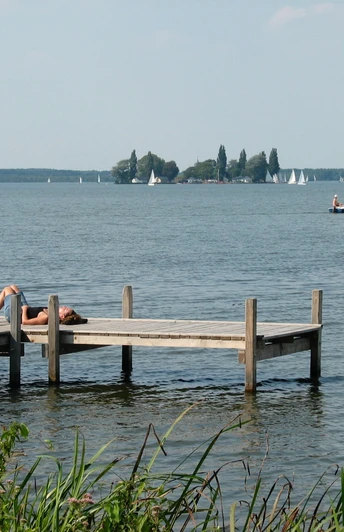 Steinhude Steg Uferpromenade Ein Holzsteg ragt ins Wasser des Steinhuder Meers, umgeben von Kräutern und Segelbooten am Horizont.A wooden jetty juts out into the water of the Steinhuder Meer, surrounded by herbs and sailing boats on the horizon.En træbrygge stikker ud i vandet i Steinhuder Meer, omgivet af urter og sejlbåde i horisonten.Een houten steiger steekt uit in het water van het Steinhuder Meer, omringd door kruiden en zeilboten aan de horizon.