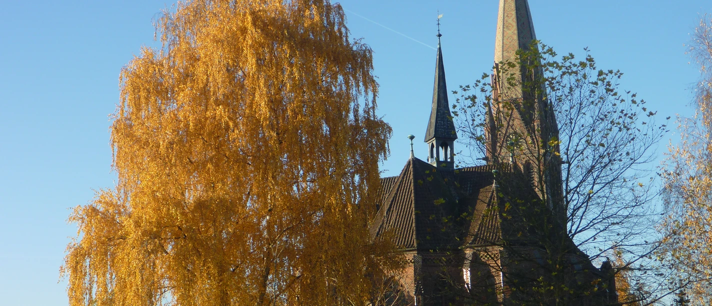 Kirche Hagenburg Kirche in Hagenburg, umgeben von herbstlich gefärbten Bäumen, unter strahlend blauem Himmel.