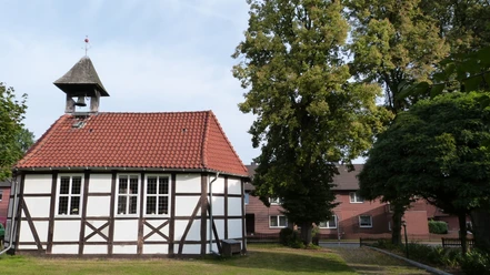 Mardorf Kirche Fachwerkhaus mit rotem Ziegeldach, Kirchturm und Grünflächen umrahmt von hohen Bäumen im Sommer.